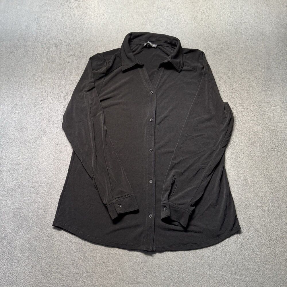 Adrianna Papell Womens Large Black V Neck Button Front Stretch Career Blouse EUC